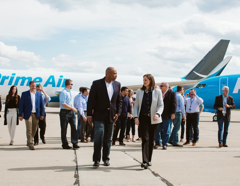 Dave Bozeman, vice president of Amazon transportation services and Sarah Rhoads, director of Amazon Air